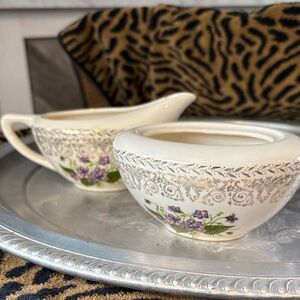 SPRING VIOLETS CUNNINGHAM&PICKETT 22K GOLD RIM CREAMER & SUGAR BOWL